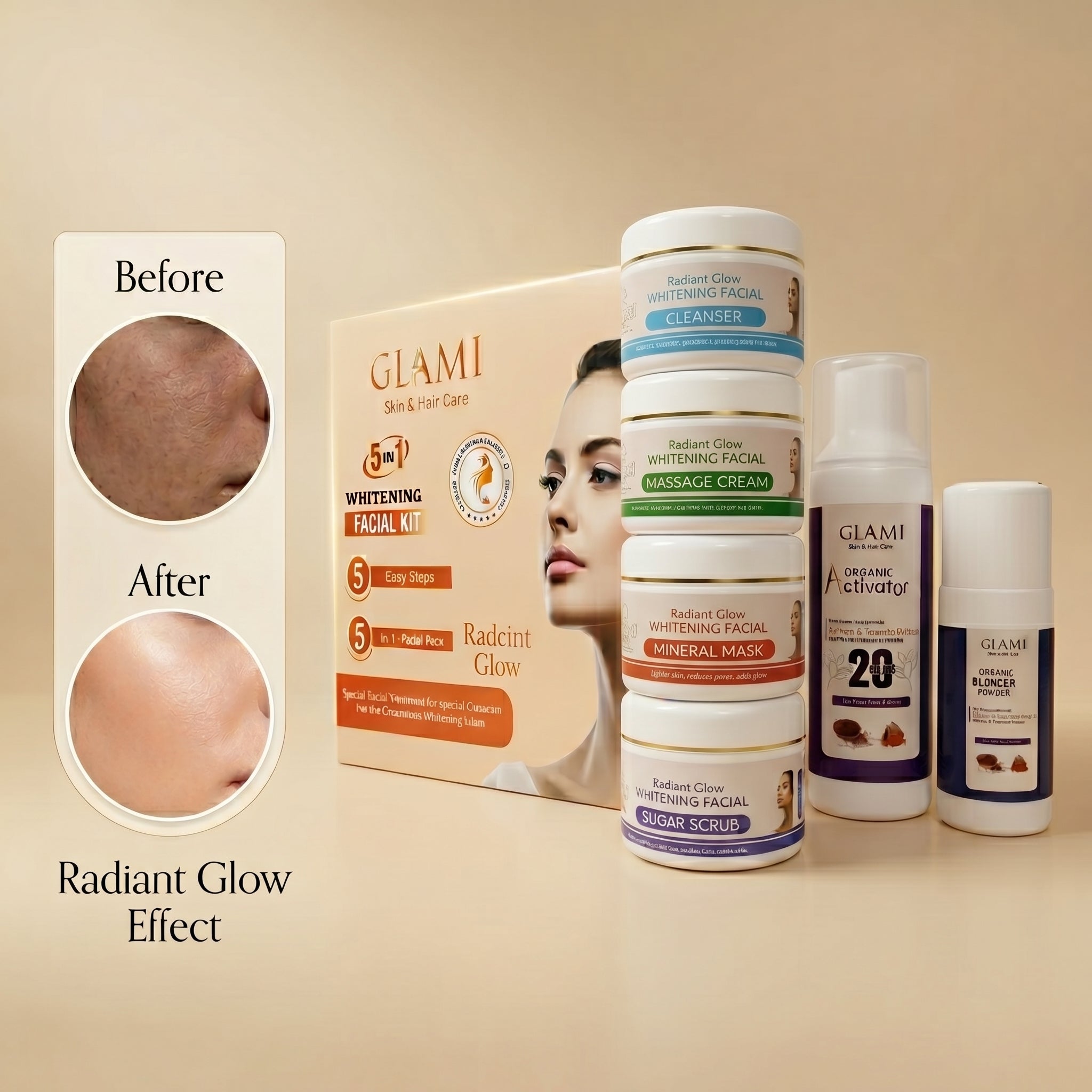 GLAMI 5-in-1 Whitening Facial Kit – Complete Radiant Glow Treatment (5 Items Set)