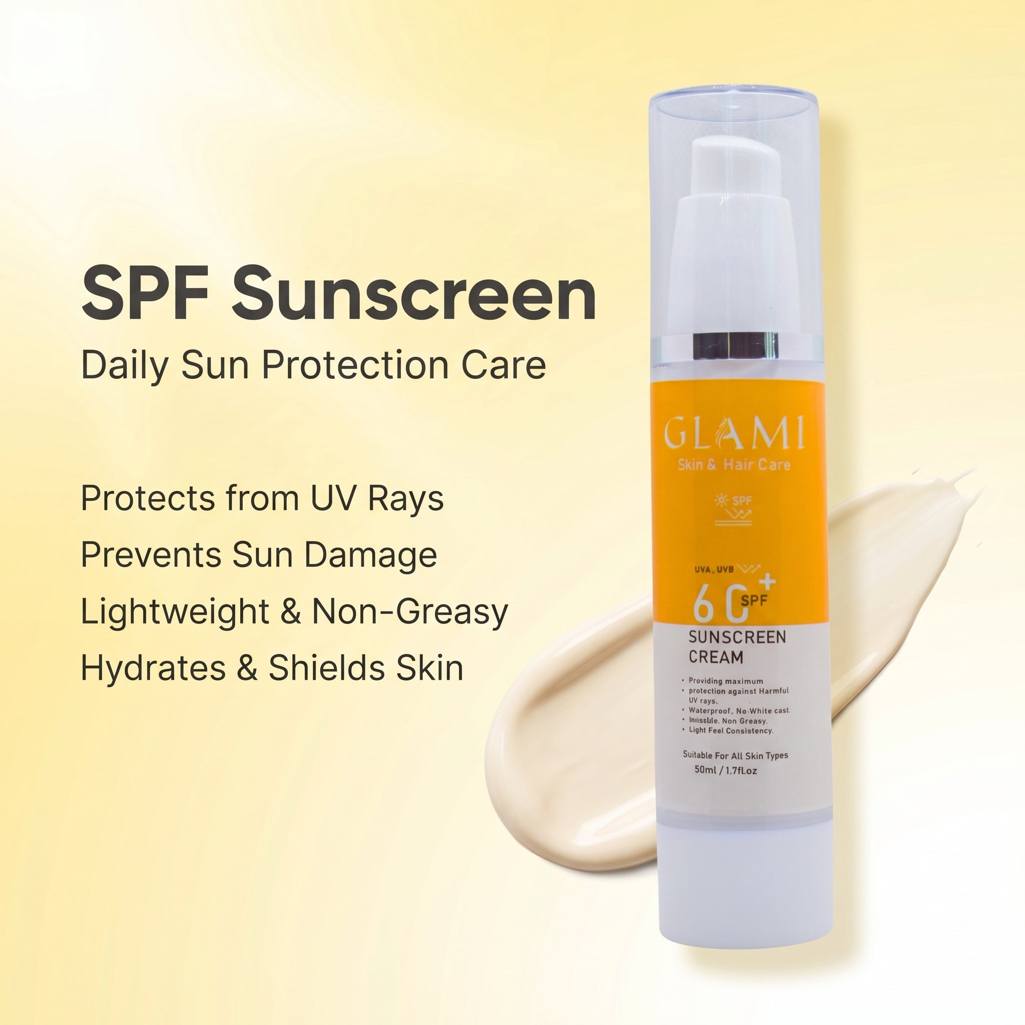 GLAMI Sunscreen SPF 60+ – Broad Spectrum UV Protection &amp; Lightweight Daily Shield