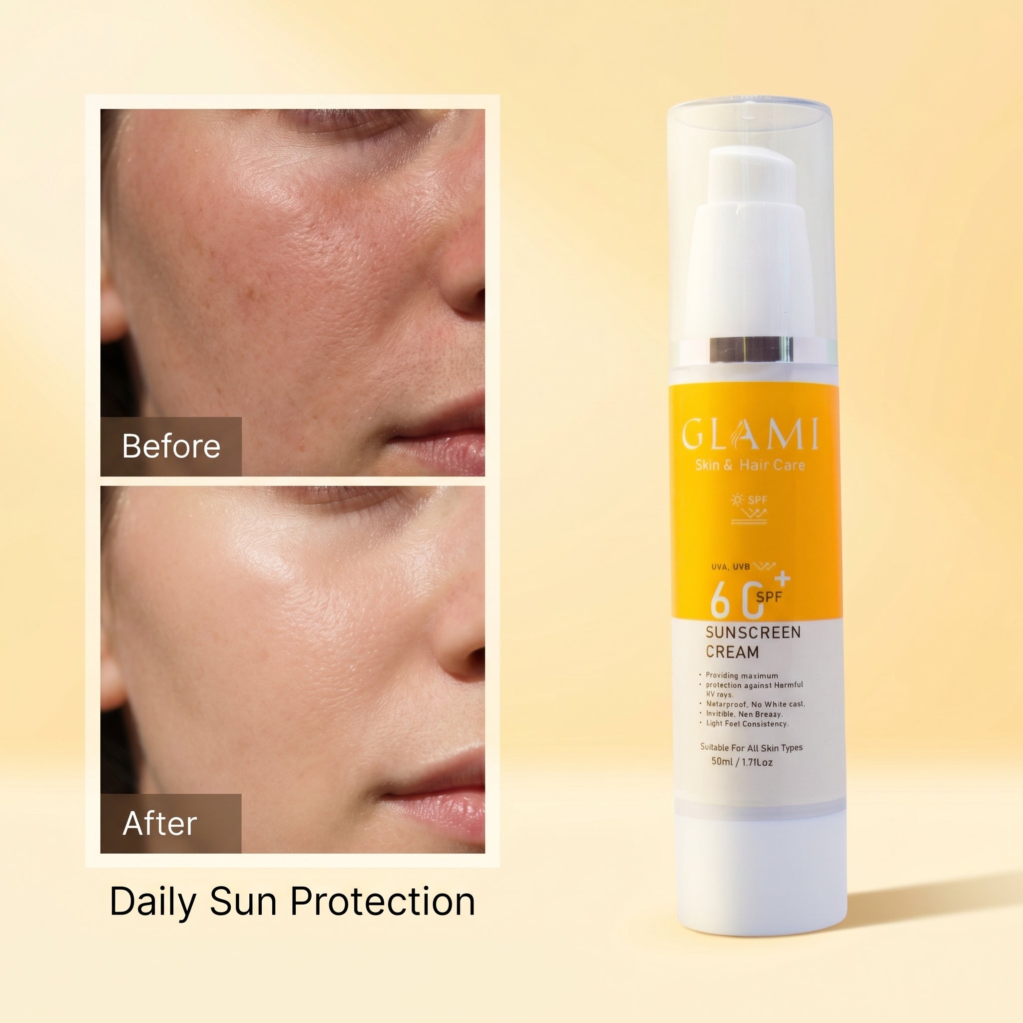 GLAMI Sunscreen SPF 60+ – Broad Spectrum UV Protection &amp; Lightweight Daily Shield