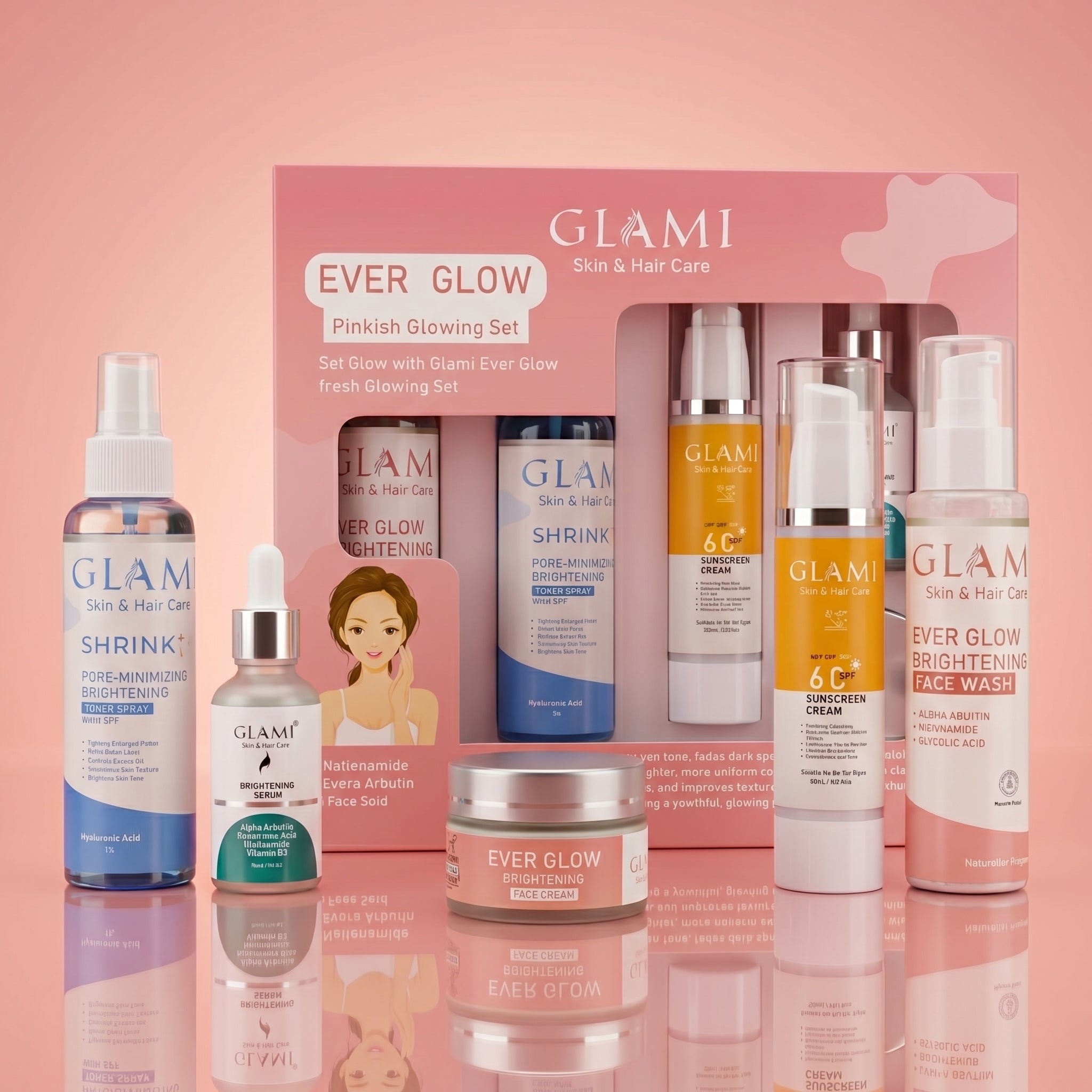 GLAMI Ever Glow Brightening Kit – Complete Skin Whitening &amp; Radiance System (Facewash, Serum, Toner, Cream &amp; SPF 60+ Sunscreen)