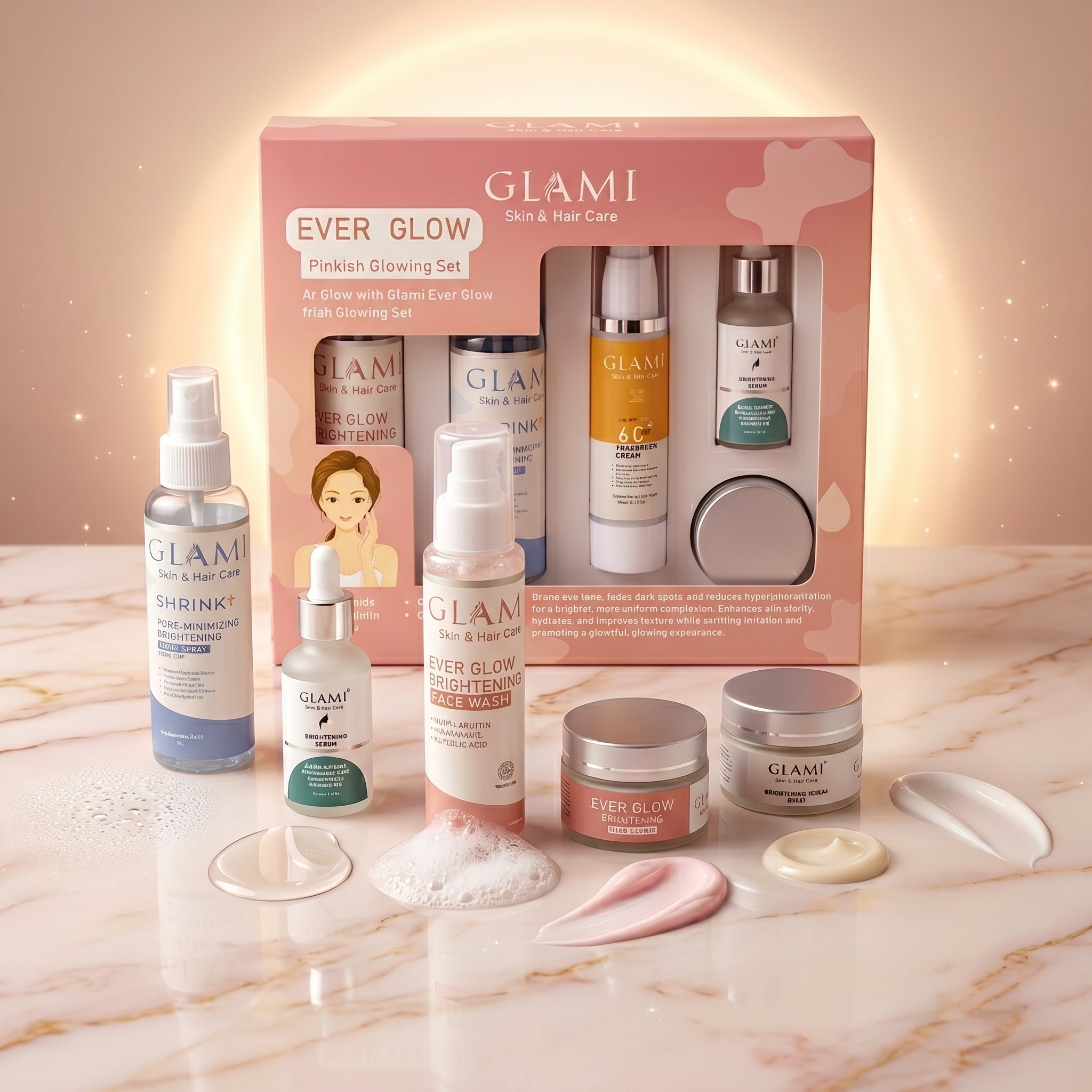 GLAMI Ever Glow Brightening Kit – Complete Skin Whitening &amp; Radiance System (Facewash, Serum, Toner, Cream &amp; SPF 60+ Sunscreen)