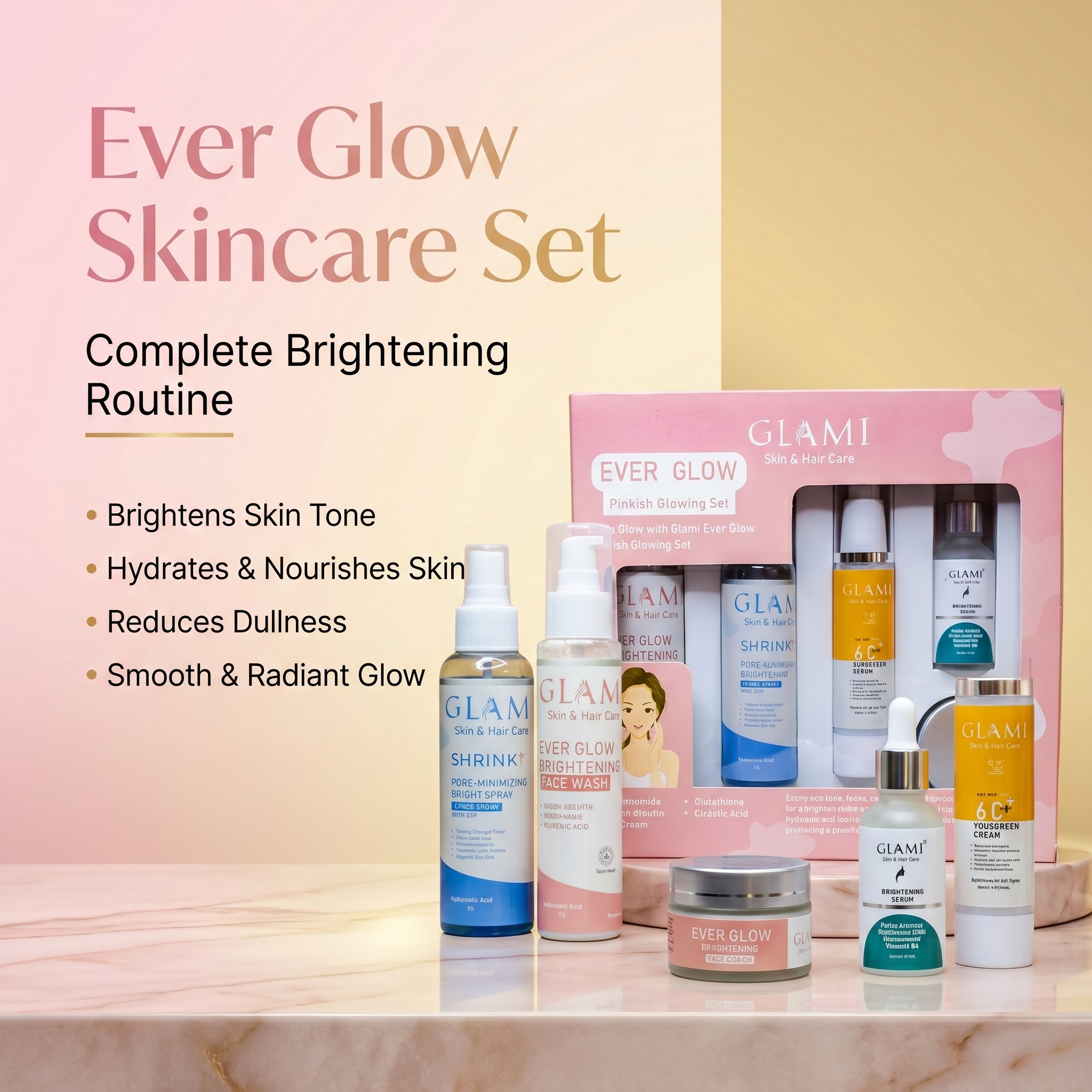 GLAMI Ever Glow Brightening Kit – Complete Skin Whitening &amp; Radiance System (Facewash, Serum, Toner, Cream &amp; SPF 60+ Sunscreen)