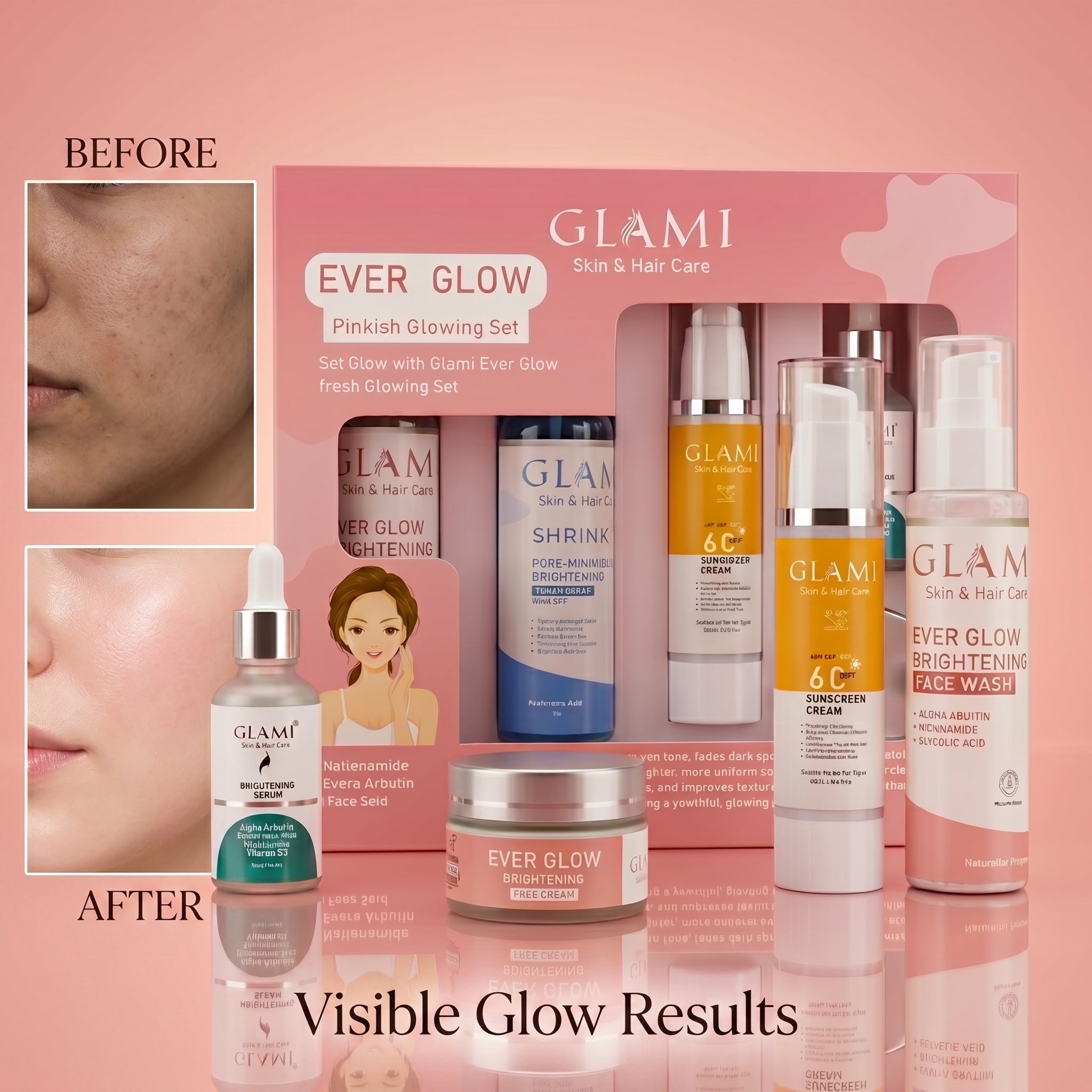 GLAMI Ever Glow Brightening Kit – Complete Skin Whitening &amp; Radiance System (Facewash, Serum, Toner, Cream &amp; SPF 60+ Sunscreen)