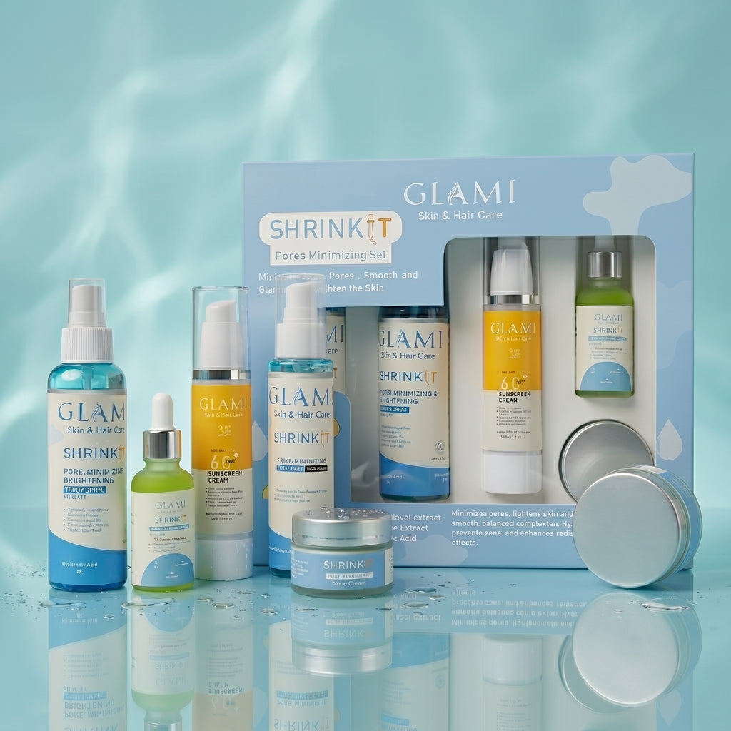 GLAMI Shrink It Pore Minimizing Kit – Korean Glass Skin &amp; Smooth Texture System (Facewash, Serum, Toner, Cream &amp; SPF 60+ Sunscreen)