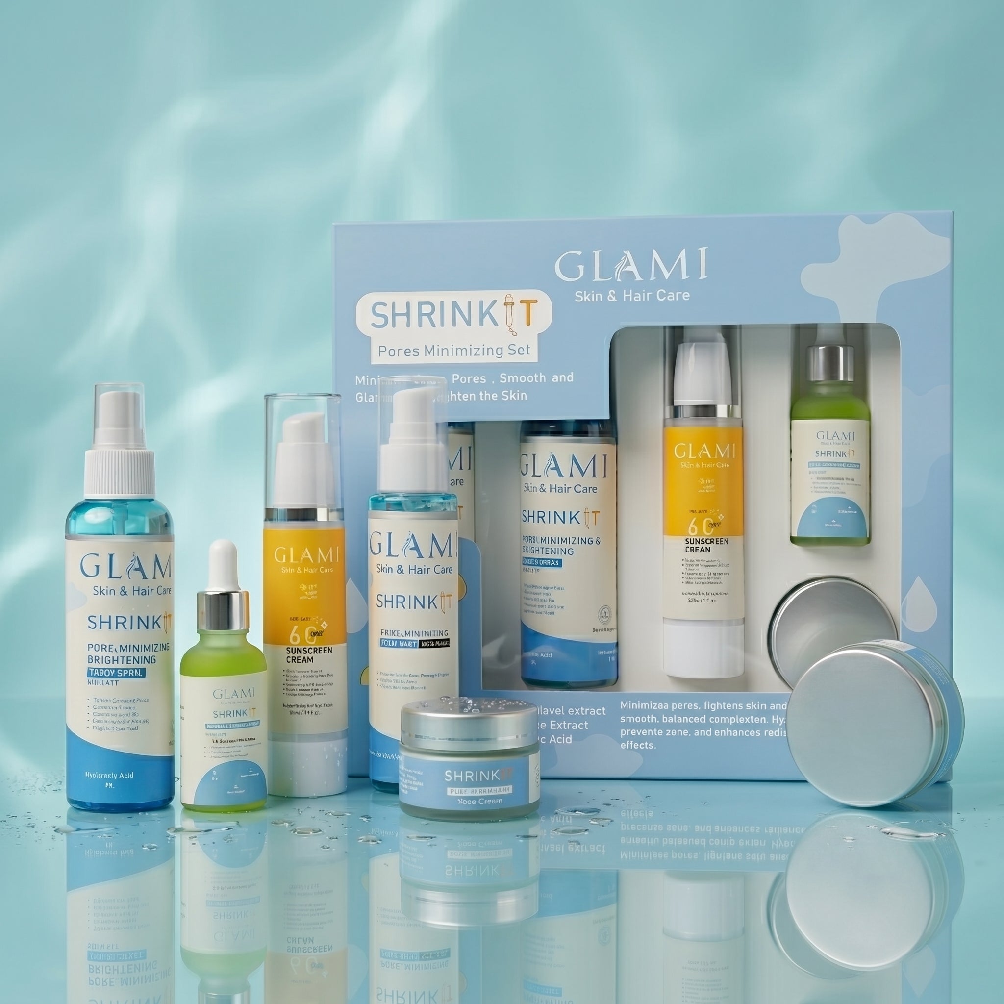GLAMI Shrink It Pore Minimizing Kit – Korean Glass Skin &amp; Smooth Texture System (Facewash, Serum, Toner, Cream &amp; SPF 60+ Sunscreen)