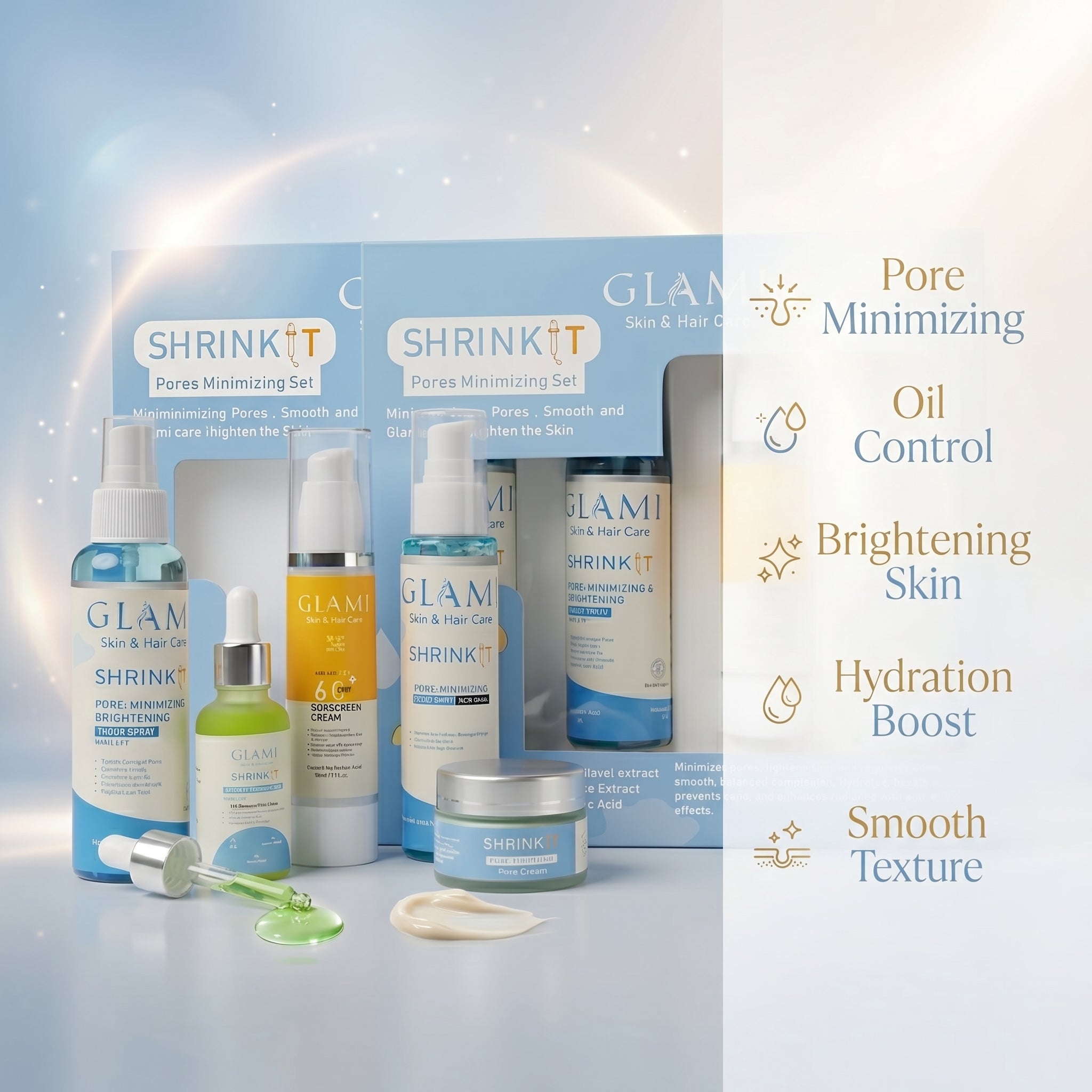 GLAMI Shrink It Pore Minimizing Kit – Korean Glass Skin &amp; Smooth Texture System (Facewash, Serum, Toner, Cream &amp; SPF 60+ Sunscreen)