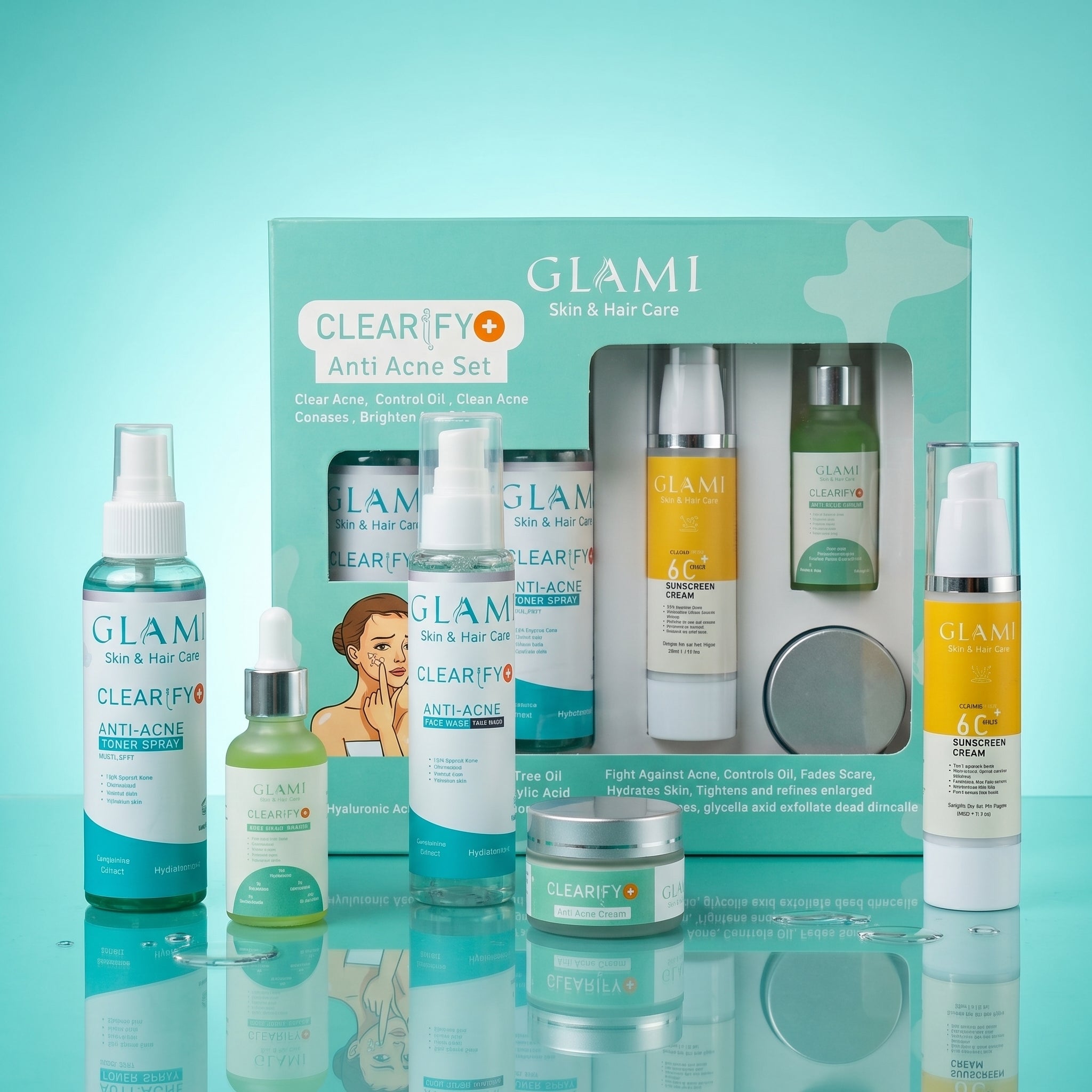GLAMI Clearify+ Anti Acne Kit – Complete Acne Treatment System (Facewash, Serum, Toner, Cream &amp; SPF 60+ Sunscreen)
