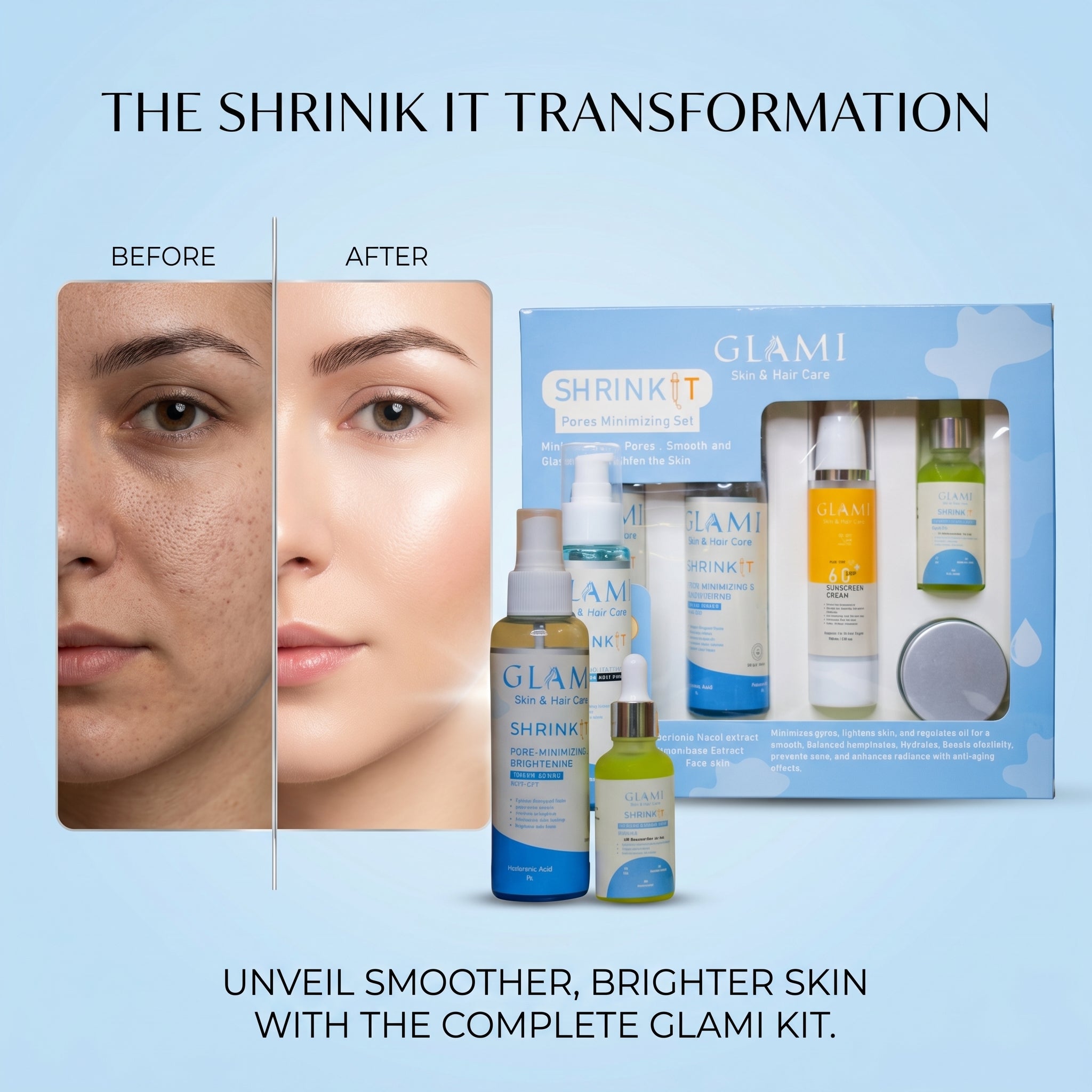 GLAMI Shrink It Pore Minimizing Kit – Korean Glass Skin &amp; Smooth Texture System (Facewash, Serum, Toner, Cream &amp; SPF 60+ Sunscreen)