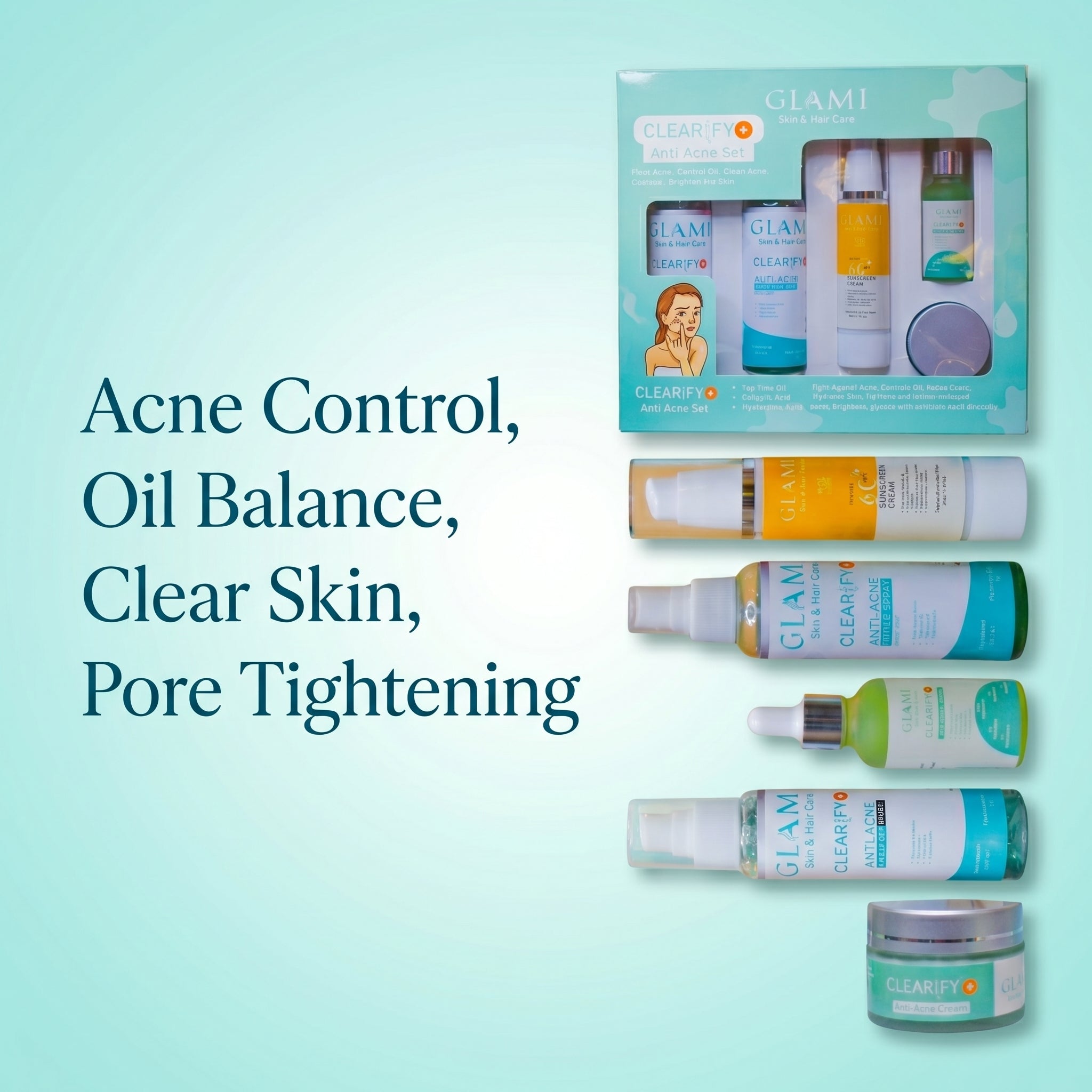 GLAMI Clearify+ Anti Acne Kit – Complete Acne Treatment System (Facewash, Serum, Toner, Cream &amp; SPF 60+ Sunscreen)