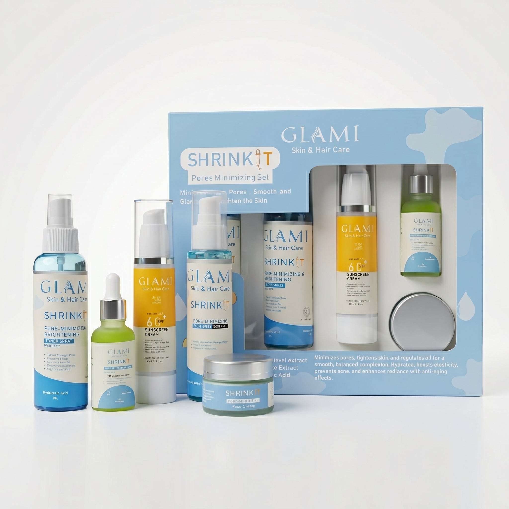 GLAMI Shrink It Pore Minimizing Kit – Korean Glass Skin &amp; Smooth Texture System (Facewash, Serum, Toner, Cream &amp; SPF 60+ Sunscreen)