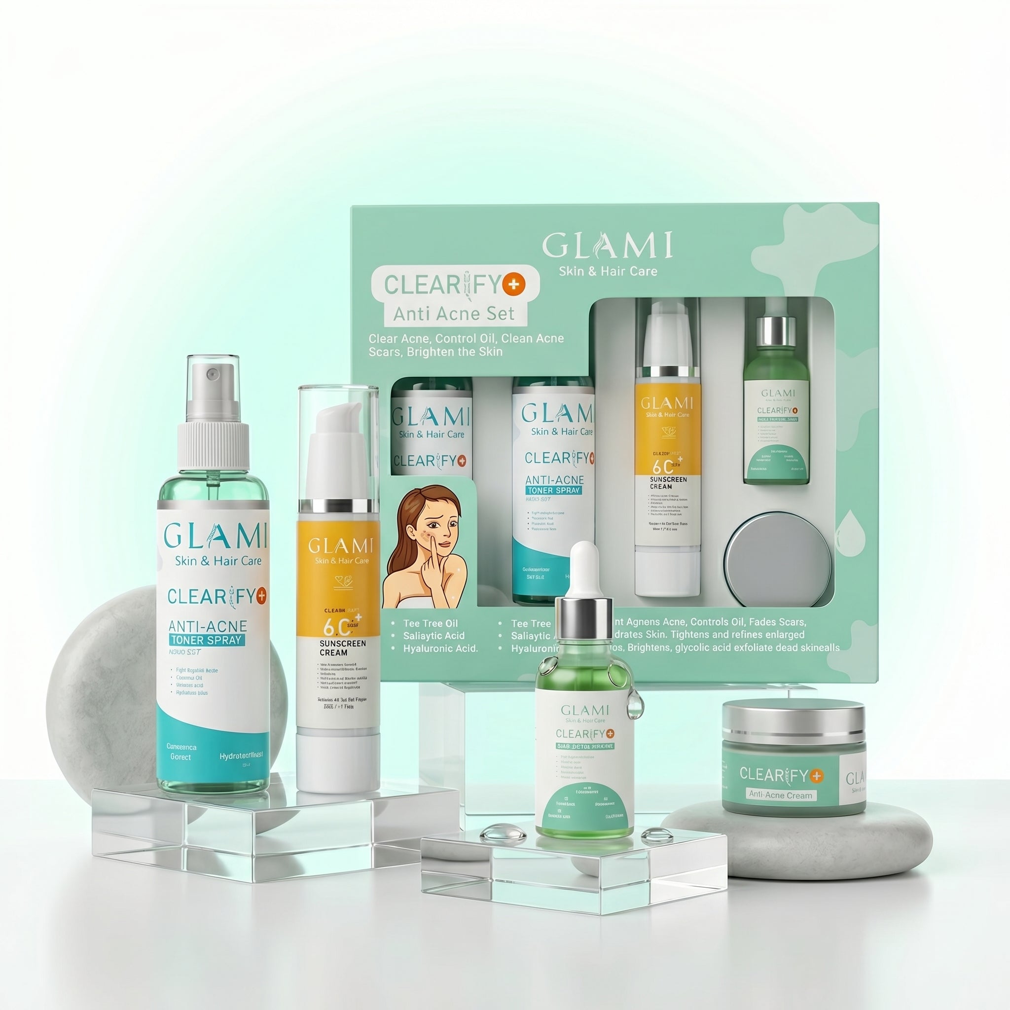 GLAMI Clearify+ Anti Acne Kit – Complete Acne Treatment System (Facewash, Serum, Toner, Cream &amp; SPF 60+ Sunscreen)
